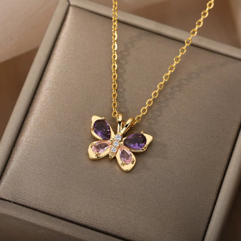 Collier Acier Inoxydable <br> Cristal Papillon - Amora Bijoux