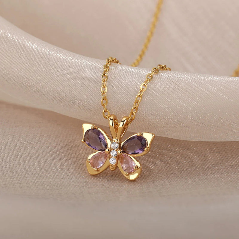 Collier Acier Inoxydable <br> Cristal Papillon - Amora Bijoux