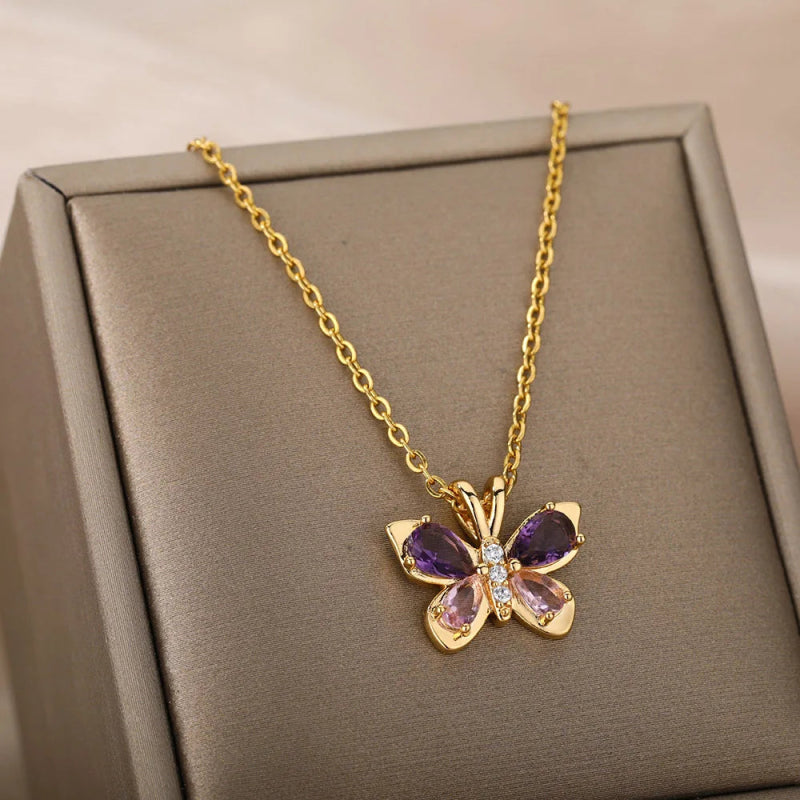 Collier Acier Inoxydable <br> Cristal Papillon - Amora Bijoux